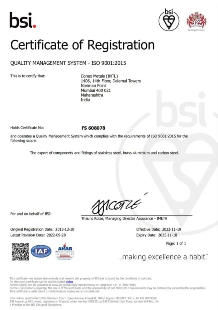 Conex Metals ISO 9001:2015 BSI Certificate